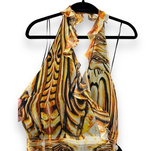 Tamsen Y2K Designer Gold/Brown Abstract Print Ruffle Halter Silk Gown NWT - Picture 16 of 16